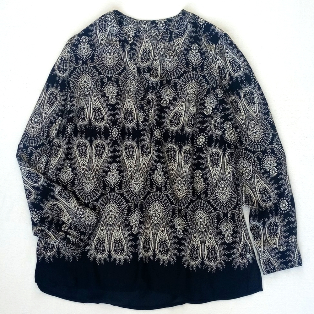 Silky Feel Black Cream Paisley Motif Long Sleeve Semi Sheer Summer Blouse L/XL